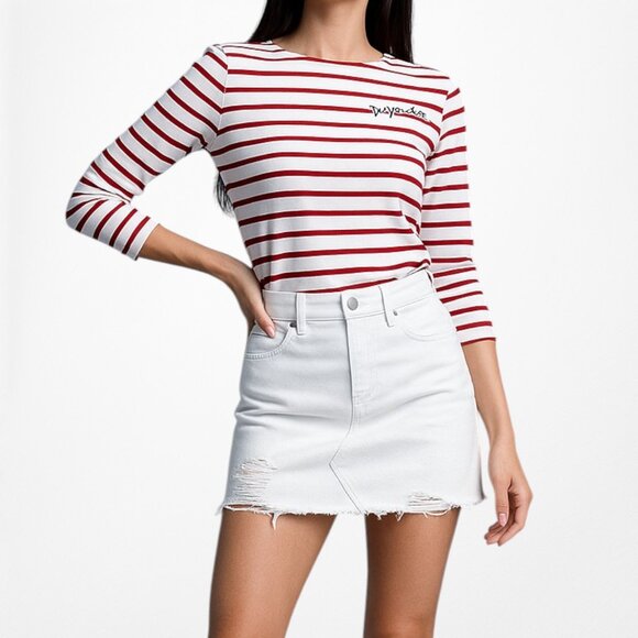 White Red Striped Long Sleeve Crewneck Pullover Top Size XS/S - Picture 1 of 7